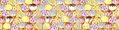 Vector seamless border with hand drawn ice creams with different flavors and decoration. Vector Illustration